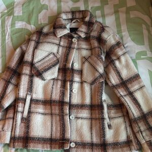 Hollister Cream and Brown Plaid Utility Jacket